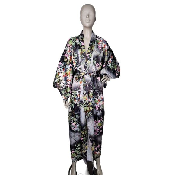 Vintage Silky Satin Black Garden Floral Belted Boho Kaftan Kimono Robe OSFM - Picture 8 of 10